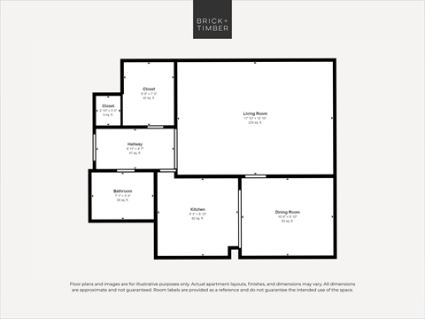 A black and white image of a floor plan for a Brick+Timber property.